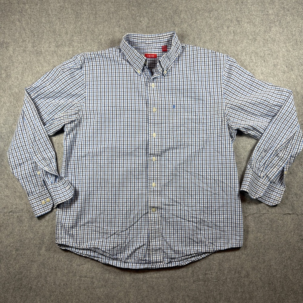 IZOD Mens Button Down Shirt Large Blue White Check Long Sleeve Cotton Blend